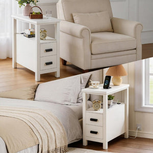 English Elm End Table with Built in USB Charging Drawers Compact Wood Bedside Storage Solution White W5368P523788