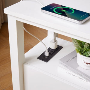 English Elm End Table with Built in USB Charging Drawers Compact Wood Bedside Storage Solution White W5368P523788
