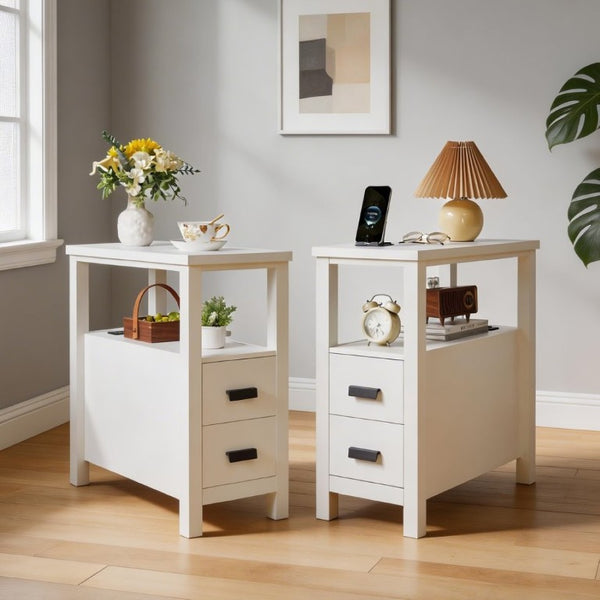 English Elm End Table with Built in USB Charging Drawers Compact Wood Bedside Storage Solution White W5368P523788