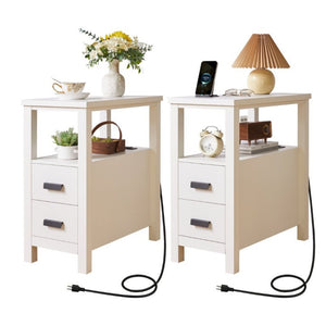 English Elm End Table with Built in USB Charging Drawers Compact Wood Bedside Storage Solution White W5368P523788