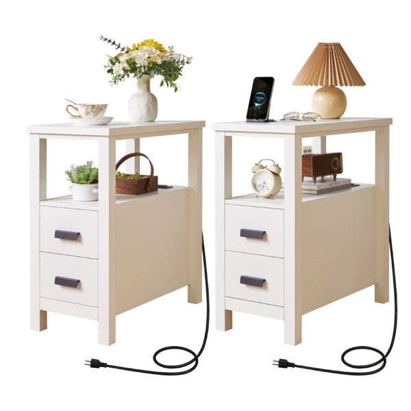 English Elm End Table with Built in USB Charging Drawers Compact Wood Bedside Storage Solution White W5368P523788