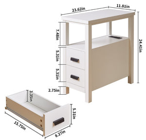 English Elm End Table with Built in USB Charging Drawers Compact Wood Bedside Storage Solution White W5368P523788