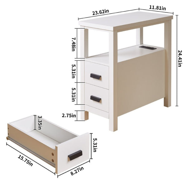 English Elm End Table with Built in USB Charging Drawers Compact Wood Bedside Storage Solution White W5368P523788