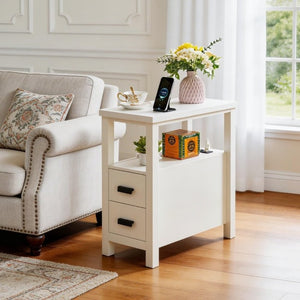 English Elm End Table with Built in USB Charging Drawers Compact Wood Bedside Storage Solution White W5368P523788