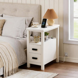 English Elm End Table with Built in USB Charging Drawers Compact Wood Bedside Storage Solution White W5368P523788