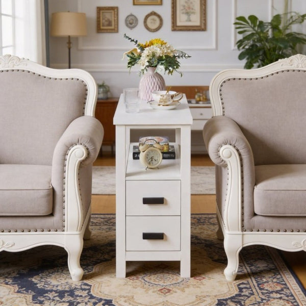English Elm End Table with Built in USB Charging Drawers Compact Wood Bedside Storage Solution White W5368P523788
