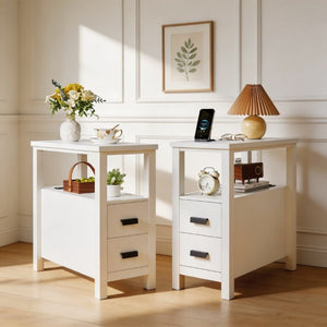 English Elm End Table with Built in USB Charging Drawers Compact Wood Bedside Storage Solution White W5368P523788