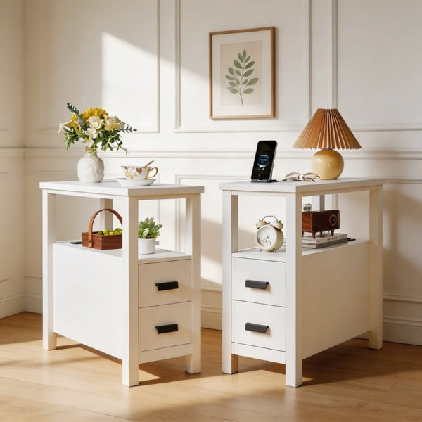 English Elm End Table with Built in USB Charging Drawers Compact Wood Bedside Storage Solution White W5368P523788