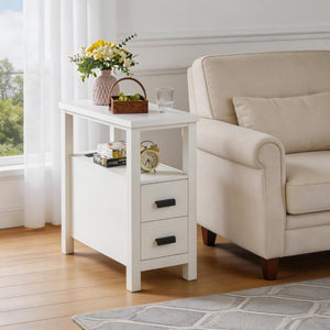 English Elm End Table with Built in USB Charging Drawers Compact Wood Bedside Storage Solution White W5368P523788