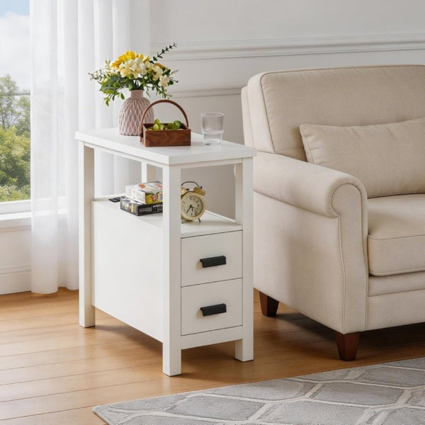 English Elm End Table with Built in USB Charging Drawers Compact Wood Bedside Storage Solution White W5368P523788