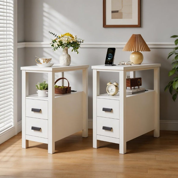 English Elm End Table with Built in USB Charging Drawers Compact Wood Bedside Storage Solution White W5368P523788