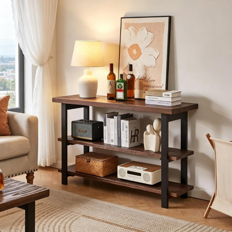 English Elm Rustic Pine Console Table with Rubberwood Legs and Three Tier Open Shelf Storage W5368P527763