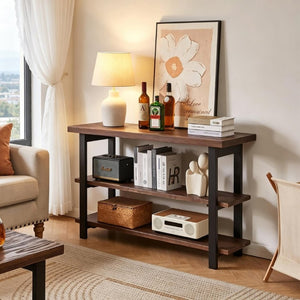 English Elm Rustic Pine Console Table with Rubberwood Legs and Three Tier Open Shelf Storage W5368P527763