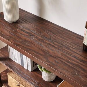 English Elm Rustic Pine Console Table with Rubberwood Legs and Three Tier Open Shelf Storage W5368P527763