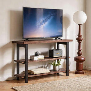 English Elm Rustic Pine Console Table with Rubberwood Legs and Three Tier Open Shelf Storage W5368P527763