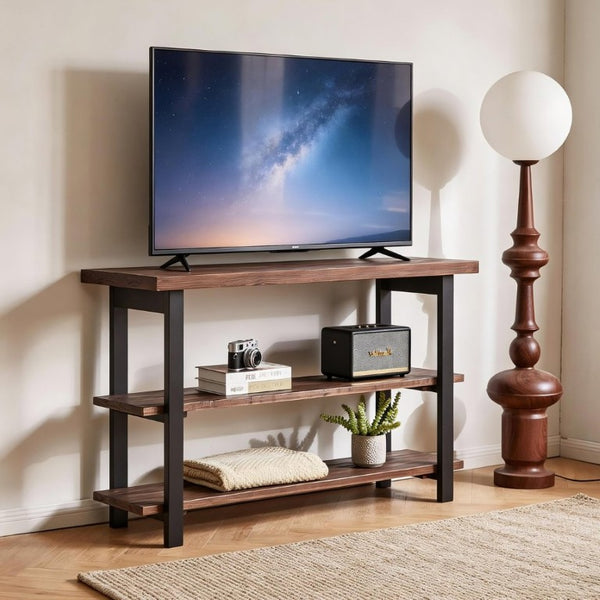 English Elm Rustic Pine Console Table with Rubberwood Legs and Three Tier Open Shelf Storage W5368P527763