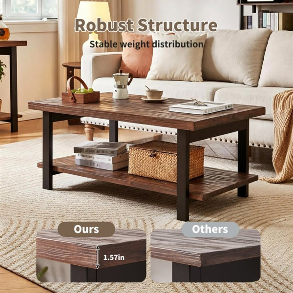 English Elm Rustic Pine Console Table with Rubberwood Legs and Three Tier Open Shelf Storage W5368P527763