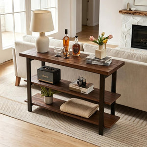 English Elm Rustic Pine Console Table with Rubberwood Legs and Three Tier Open Shelf Storage W5368P527763