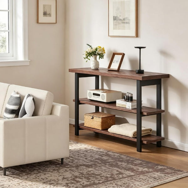 English Elm Rustic Pine Console Table with Rubberwood Legs and Three Tier Open Shelf Storage W5368P527763