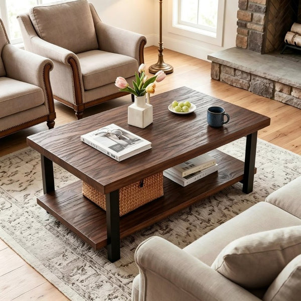 English Elm Rustic Two Tier Pine and Rubberwood Coffee Table with Matte Black Frame for Living Room W5368P527765