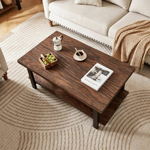 English Elm Rustic Two Tier Pine and Rubberwood Coffee Table with Matte Black Frame for Living Room W5368P527765