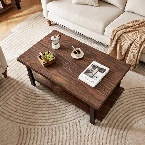 English Elm Rustic Two Tier Pine and Rubberwood Coffee Table with Matte Black Frame for Living Room W5368P527765