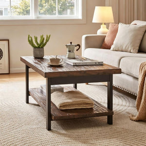 English Elm Rustic Two Tier Pine and Rubberwood Coffee Table with Matte Black Frame for Living Room W5368P527765
