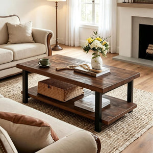 English Elm Rustic Two Tier Pine and Rubberwood Coffee Table with Matte Black Frame for Living Room W5368P527765