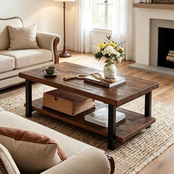English Elm Rustic Two Tier Pine and Rubberwood Coffee Table with Matte Black Frame for Living Room W5368P527765