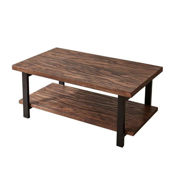 English Elm Rustic Two Tier Pine and Rubberwood Coffee Table with Matte Black Frame for Living Room W5368P527765