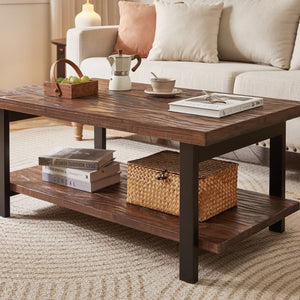 English Elm Rustic Two Tier Pine and Rubberwood Coffee Table with Matte Black Frame for Living Room W5368P527765