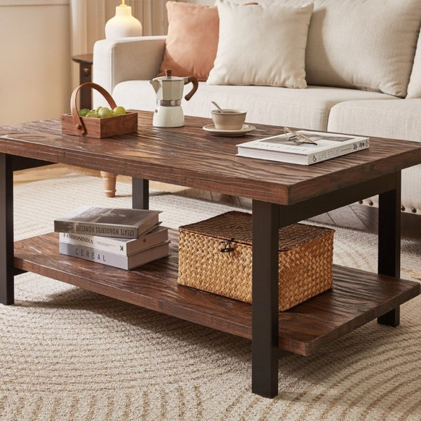 English Elm Rustic Two Tier Pine and Rubberwood Coffee Table with Matte Black Frame for Living Room W5368P527765