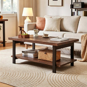 English Elm Rustic Two Tier Pine and Rubberwood Coffee Table with Matte Black Frame for Living Room W5368P527765