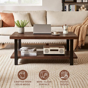 English Elm Rustic Two Tier Pine and Rubberwood Coffee Table with Matte Black Frame for Living Room W5368P527765