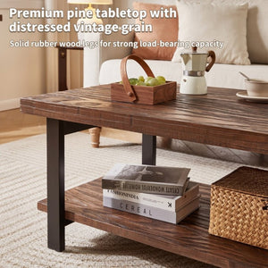 English Elm Rustic Two Tier Pine and Rubberwood Coffee Table with Matte Black Frame for Living Room W5368P527765