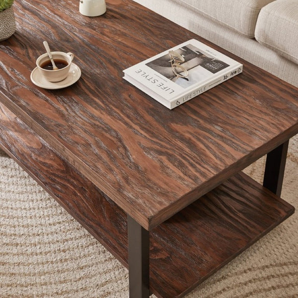 English Elm Rustic Two Tier Pine and Rubberwood Coffee Table with Matte Black Frame for Living Room W5368P527765