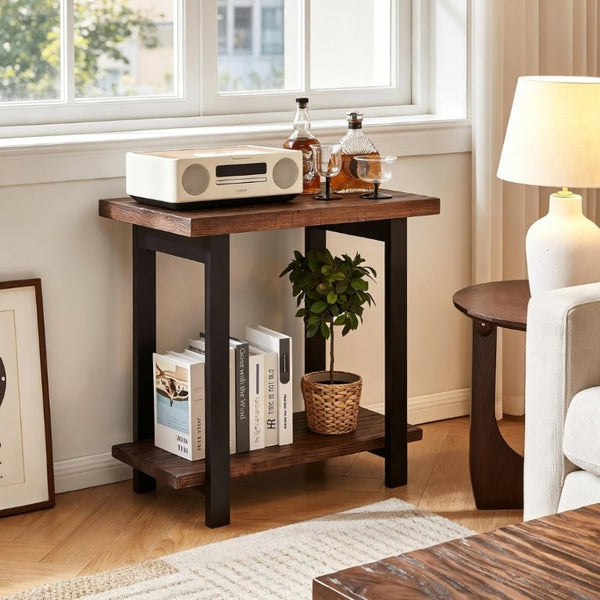 English Elm 2-Tier Industrial Side Table Solid Pine Distressed Top Matte Black Frame Living Room W5368P527766