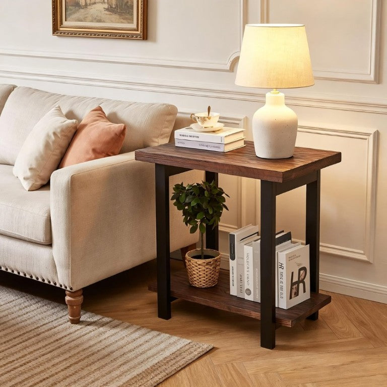 English Elm 2-Tier Industrial Side Table Solid Pine Distressed Top Matte Black Frame Living Room W5368P527766