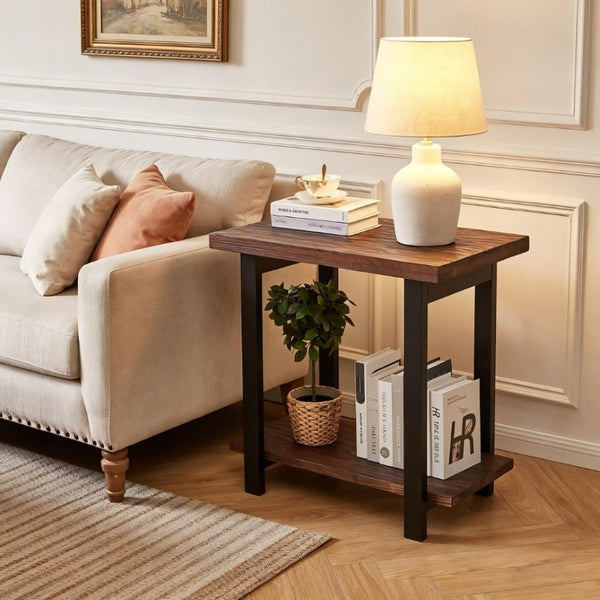English Elm 2-Tier Industrial Side Table Solid Pine Distressed Top Matte Black Frame Living Room W5368P527766