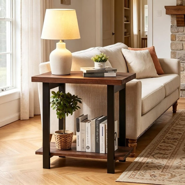 English Elm 2-Tier Industrial Side Table Solid Pine Distressed Top Matte Black Frame Living Room W5368P527766