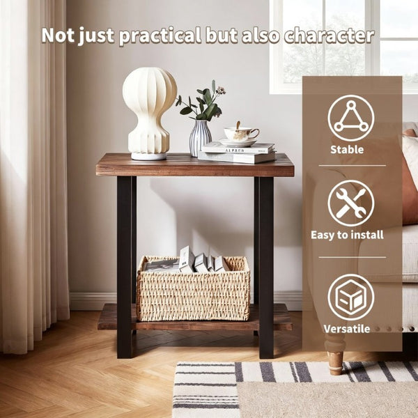 English Elm 2-Tier Industrial Side Table Solid Pine Distressed Top Matte Black Frame Living Room W5368P527766