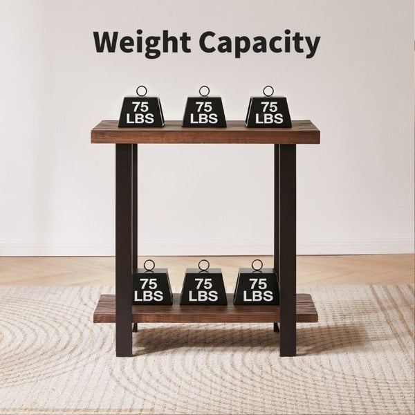 English Elm 2-Tier Industrial Side Table Solid Pine Distressed Top Matte Black Frame Living Room W5368P527766