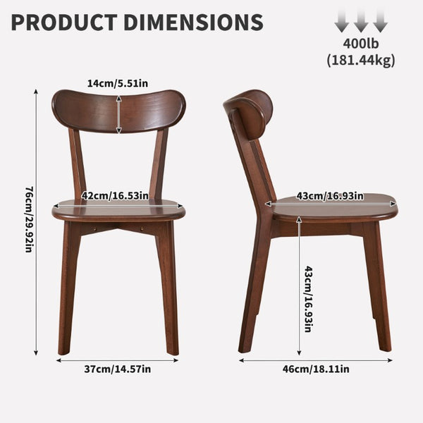 English Elm Set of 2 Solid Wood Dining Chairs with Ergonomic Backrest for Kitchen or Cafe Walnut Rubber Wood W5368P531829