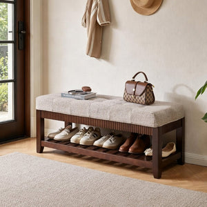 English Elm Solid Rubberwood Entryway Bench with Gray Padded Seat and Open Shoe Storage Rack W5368P537157