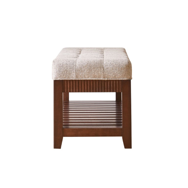 English Elm Solid Rubberwood Entryway Bench with Gray Padded Seat and Open Shoe Storage Rack W5368P537157
