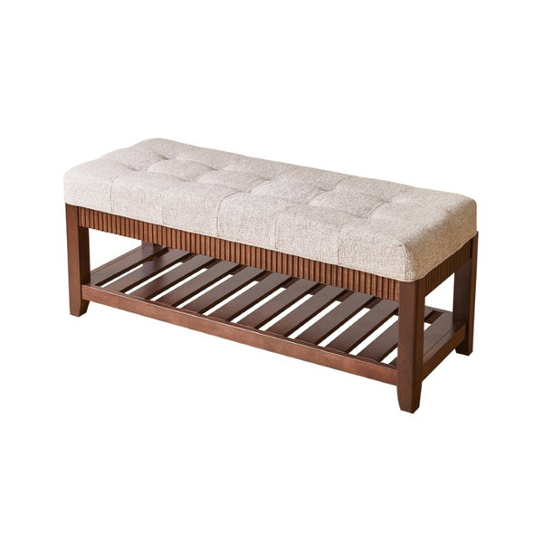 English Elm Solid Rubberwood Entryway Bench with Gray Padded Seat and Open Shoe Storage Rack W5368P537157