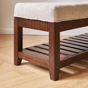 English Elm Solid Rubberwood Entryway Bench with Gray Padded Seat and Open Shoe Storage Rack W5368P537157
