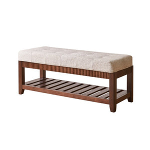 English Elm Solid Rubberwood Entryway Bench with Gray Padded Seat and Open Shoe Storage Rack W5368P537157