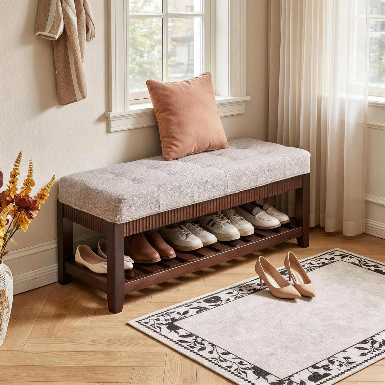 English Elm Solid Rubberwood Entryway Bench with Gray Padded Seat and Open Shoe Storage Rack W5368P537157