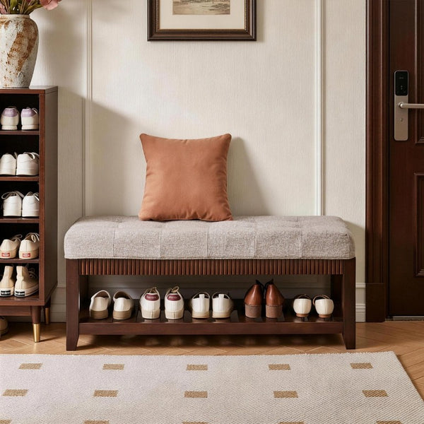English Elm Solid Rubberwood Entryway Bench with Gray Padded Seat and Open Shoe Storage Rack W5368P537157